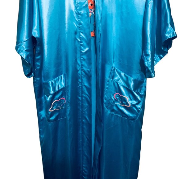 Vintage Blue Satin 5-Claw Dragon Embroidered Kimono Robe Pockets For Men Women - Picture 3 of 13